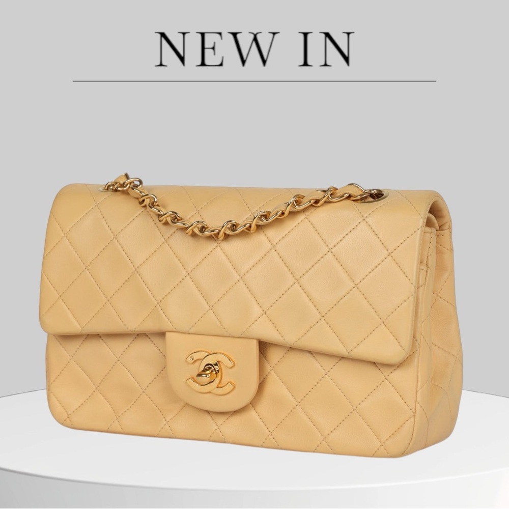 Vintage Chanel Small Classic Double Flap Beige Lambskin Gold Hardware